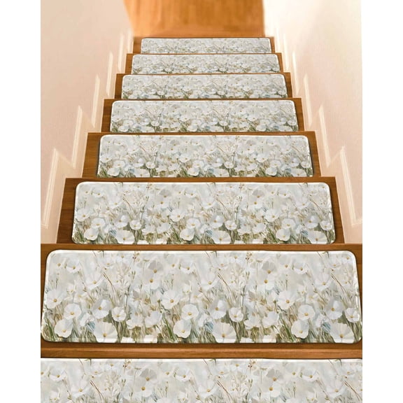 Floral Flower Stair Treads for Wooden Steps Indoor Runner Rug Carpet, Modern Oil Painting Watercolor White 4 Pieces Peel and Stick Staircase Step Treads Covers Washable Throw Door Mats, 30"x8"