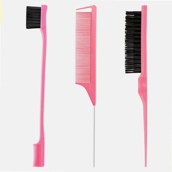 Pink Hair Styling 3-Piece Brush Set with Slick Back, Edge Control & Rat Tail Teasing Comb for Women, Kids & Babies, Creating Smooth Hair, Voluminous Styles & Middle-Part Looks