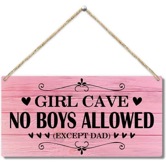 Wood Sign 5x10 Inch Bedroom Nursery Room Wooden Hanging Sign Girl Cave No Boy Allowed Except Dad Hanging Wall Plaque Sign Farmhouse Hanging Wooden Art Decor Gift For Outdoor Indoor Home