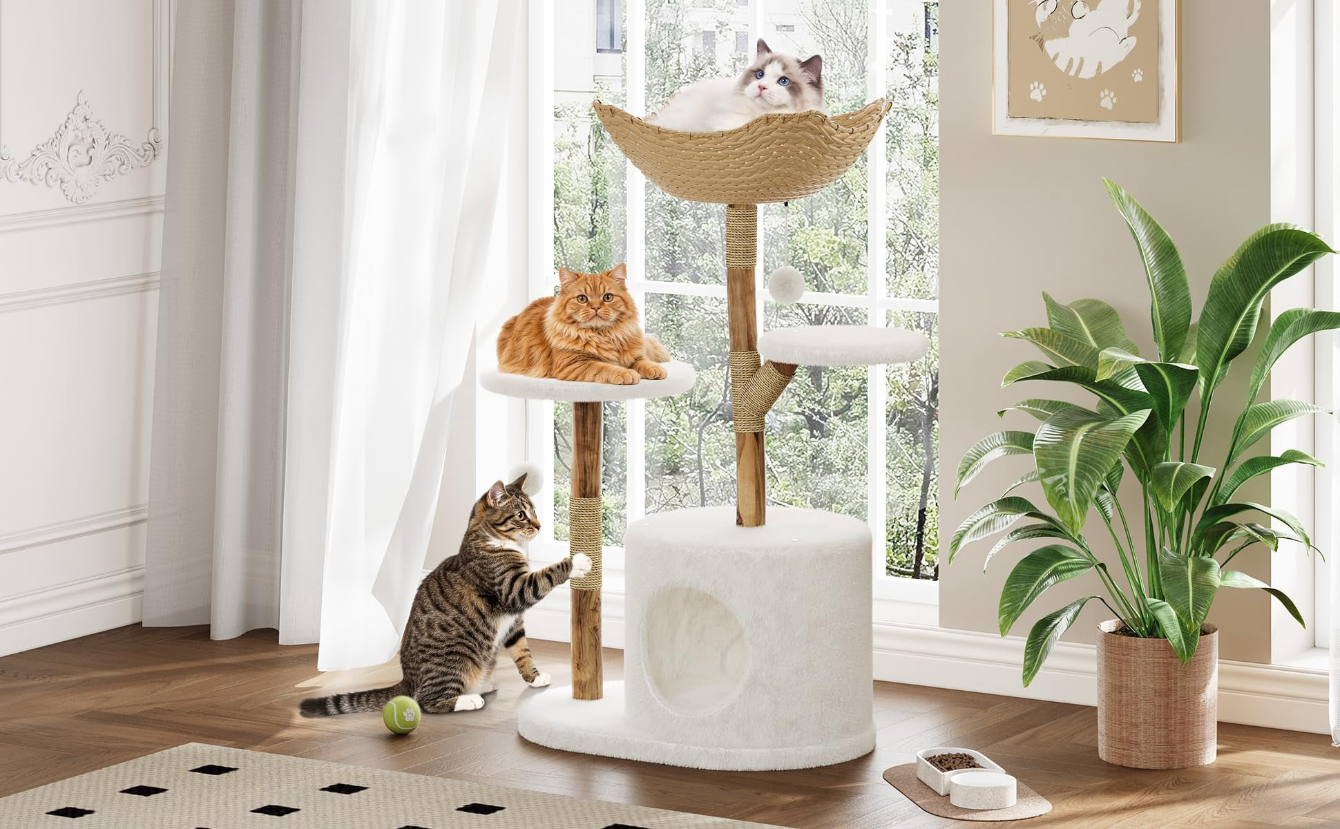Yeshouse Boho Aesthetic Real Wood Cat Tree, Indoor Cat Tower with Scratching Post, Bed & Wicker Condo for Cats