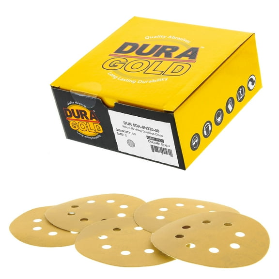 Dura-Gold Premium 5" Gold Sanding Discs - 320 Grit (Box of 50) - 8 Hole Pattern Dustless Hook & Loop Backing Sandpaper for DA Sanders, Aluminum Oxide Abrasive - Sand Auto Paint, Woodworking Wood