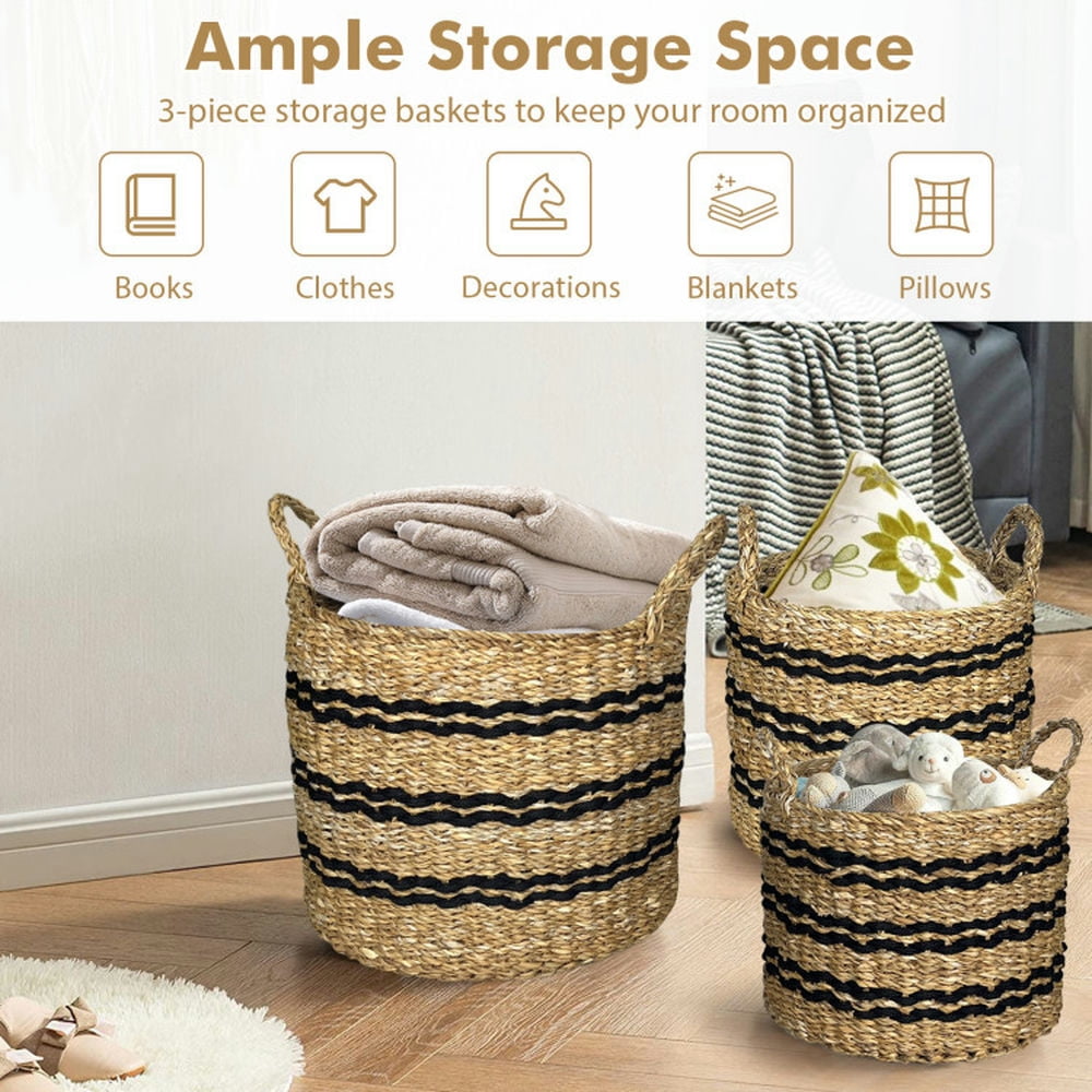 Finihen Laundry Hamper, Laundry Basket, Seagrass Basket Set of 3 Stackable Storage Bins with Handles Woven Round Basket-S, for Bathroom, Laundry Room, Natural Finihen Laundry Hamper, Laundry Basket, Seagrass Basket Set of 3 Stackable Storage Bins with Handles Woven Round Basket-S, for Bathroom, Laundry Room, Natural
