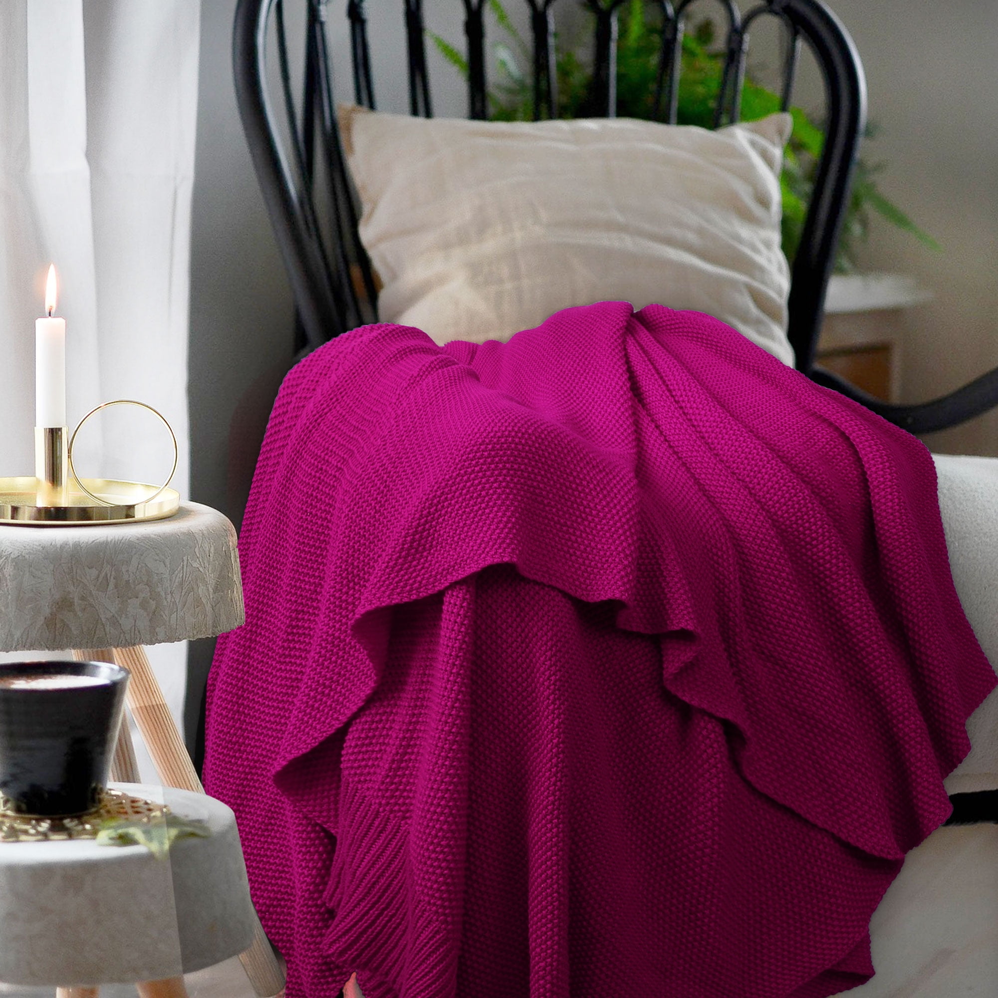 Unique Bargains Pure Cotton Soft Cable Knit Throw Blanket Fuchsia 50" x 60"