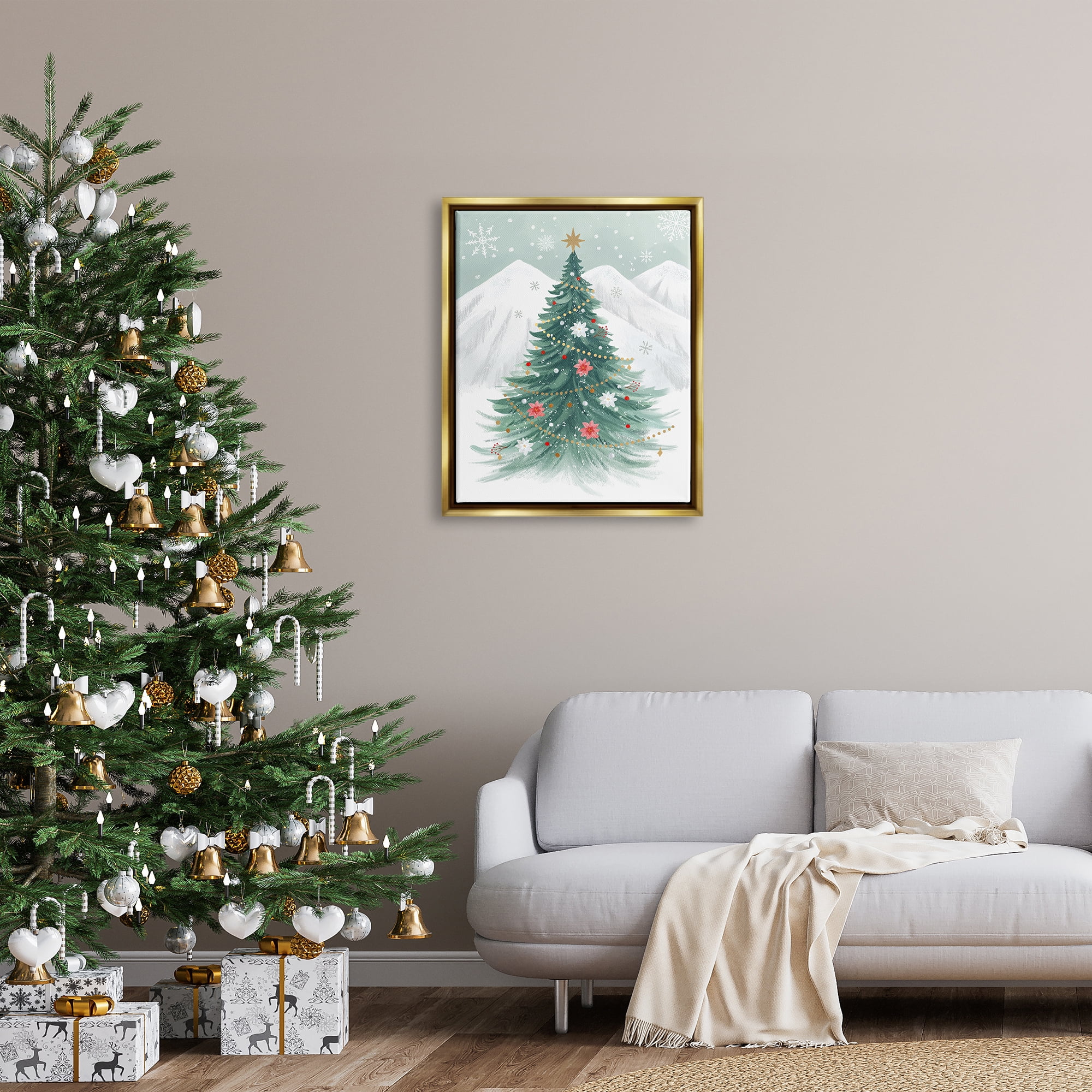 Stupell Industries Subtle Christmas Tree in Snow Holiday Painting Gold Floater Framed Canvas Art Print Wall Art, 25 x 31