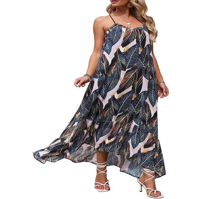 Women‘s Summer Sleeveless Dress Floral Patterns Ruffled Neckline High-low Hem Cute Dress