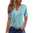 thumbnail image 2 of Women's Vintage Striped Print V Neck T-Shirt, Button Detail Short Sleeve Casual Blouse, Summer Relaxed Fit Casual Tee Top for Women Daily Wear 02-Cyan XL, 2 of 5