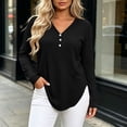 thumbnail image 2 of hoksml Women's V Neck Henley Long Sleeve T Shirt, 3 Button Front Curved Hem Casual Blouse, Loose Fit Basic Top Solid Colors, 2 of 6