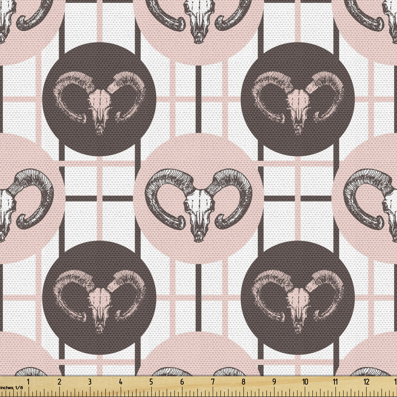 Goat Fabric by the Yard, Composition of Animal Faces in Circles on a