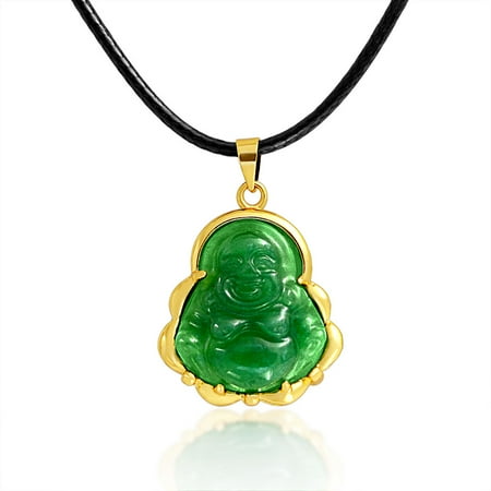 Religious Leather Pendant - Asian Style Spiritual Craved Green Dyed Jade Statement Laughing Buddha Pendant Necklace For Women Leather Cord