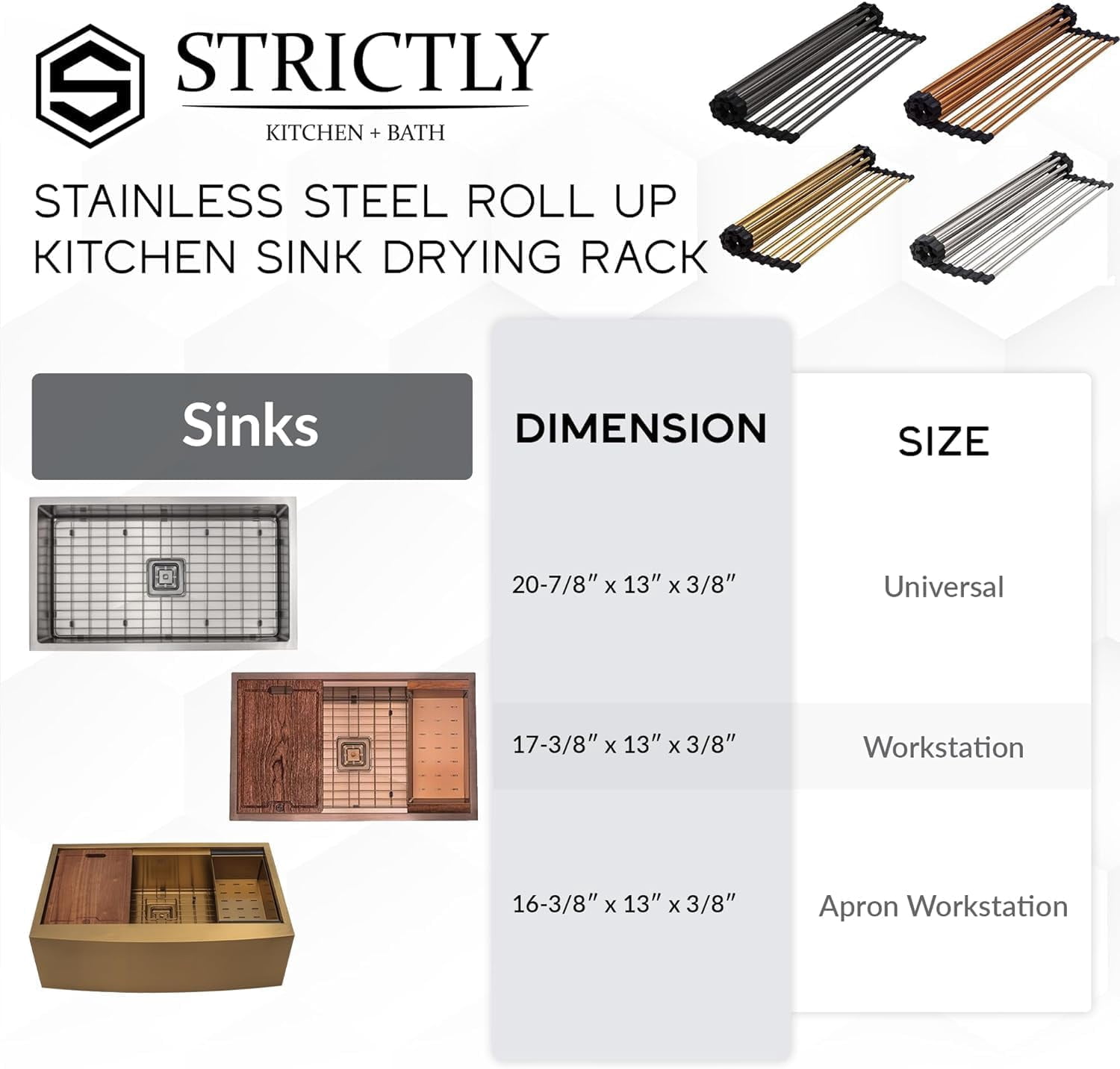 Strictly Sinks Stainless Steel Roll Up Dish Drying Rack – Silver 17 Inch Over The Sink Drying Rack Ideal for Workstation Sinks Only – Multipurpose Foldable Kitchen Dish Rack (17-3/8″ x 13″ x 3/8″)