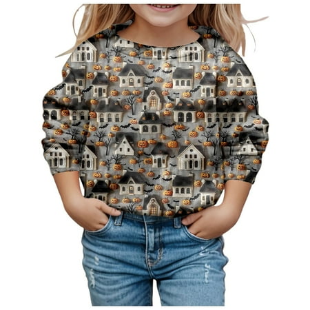 

LINASHI Girls Hoddies Halloween Hoodie 2024 New Girls Toddlers Halloween Crewneck Hoodless Long Sleeve Sweatshirts Print Graphic Pullover Children Fashion Cute Tops Kids Cute Clothes Shirt 2-12 Years