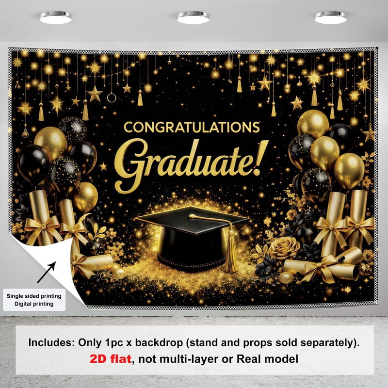 Fluzimir 10x8ft Polyester Fabric Golden Starlight And Black Graduation Photography Backdrop Class Of Background Bachelor Cap Balloon For Grad Congrats Prom Party Decoration Banner Picture Studio
