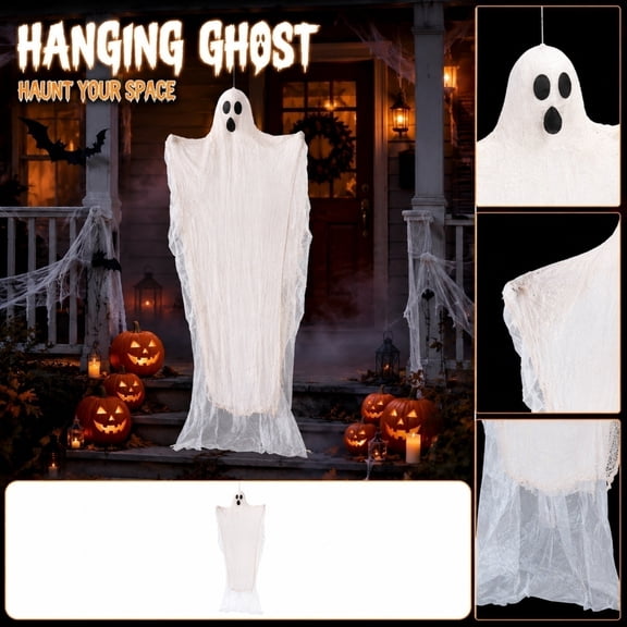 6.9FT Large Hanging Ghost Halloween Decoration, White Gauze Spooky Ghost with Flowing Sheer Hem, Outdoor Indoor Porch Yard Haunted House Front Door Hanging Prop for Halloween Party