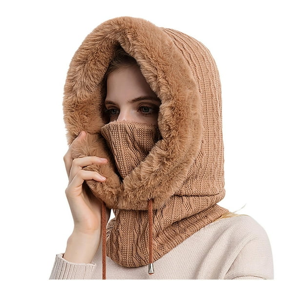 Umfun Womens Satin Lined Knit Beanie Hat Winter Hats for Women Men Silk Lining Soft Slouchy Warm Beanie Hat Mask Two in One Khaki One Size
