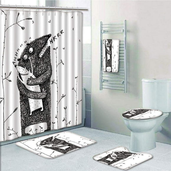 EREHome Father Son Monsters Hugging Caress Cuddle Feeling Love Parenthood Family 5 Piece Bathroom Set Shower Curtain Bath Towel Bath Rug Contour Mat and Toilet Lid Cover