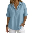thumbnail image 4 of Dweltoz Tops for Women Collared Button Down Elbow Half Sleeve Lightweigth Casual Tops V Neck Solid Tennis Tee Shirts,Light Blue L, 4 of 7