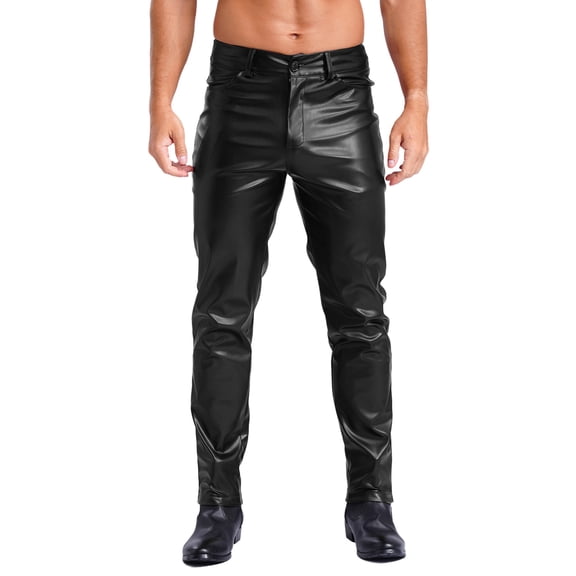 Aiihoo Men's Patent Leather Motor Pants Solid Color Pencil Pants Trousers for Rock Band Motorcycle Concerts Black S/29