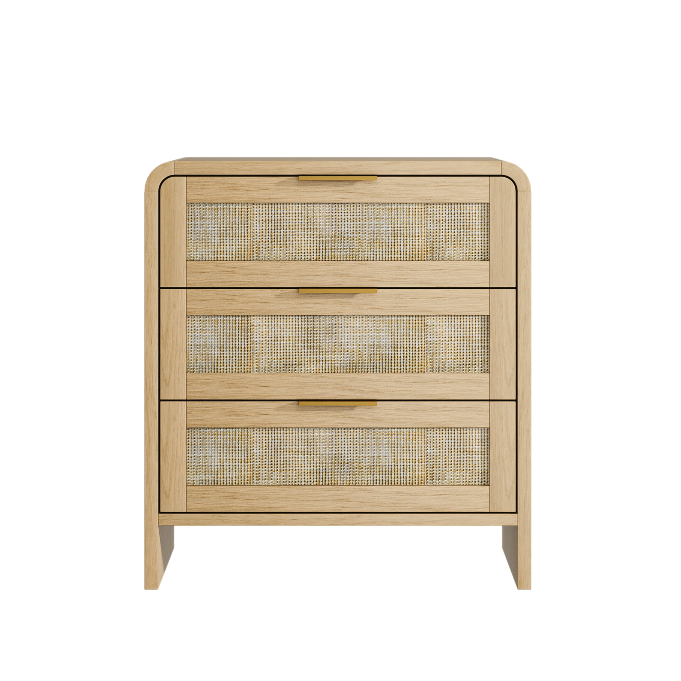 Noble House Felix 23" Rattan Wooden Nightstands, 3-Drawer Curved Bedside Tables with Gold Handles, Oak