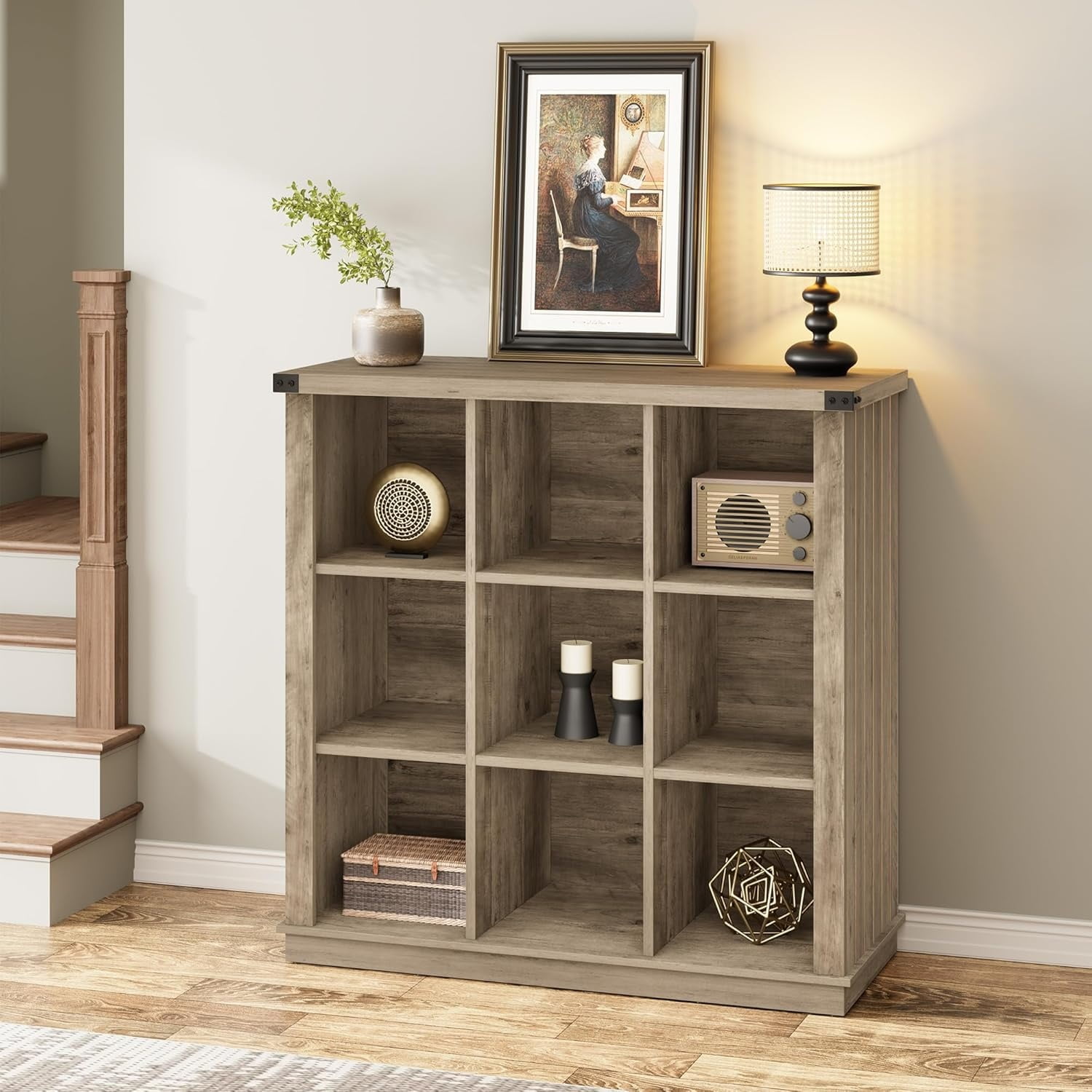 9 Cube Storage Organizer Bookshelf, 4 Tier Farmhouse Horizontal Bookcase, 37.4 Inch Wood Storage Bookcase for Entryway, Long Low Bookshelves for Living Room