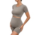 thumbnail image 2 of Tqyyweavej Maternity 2 Piece Outfit Quick Dry Short Sleeve Crewneck Yoga Tops and Over The Belly Solid Color Ribbed Workout Shorts, 2 of 7