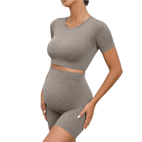 successthop Maternity Sets 2 Piece Outfits Dry Fast Short Sleeve Tops and Shorts Summer Airport Travel Outfits Khaki L