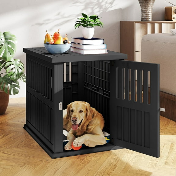 ModFusion Plastic Dog Crate End Table, Waterproof Kennel with Lockable Door for Small to Medium Dogs, Black, 29"