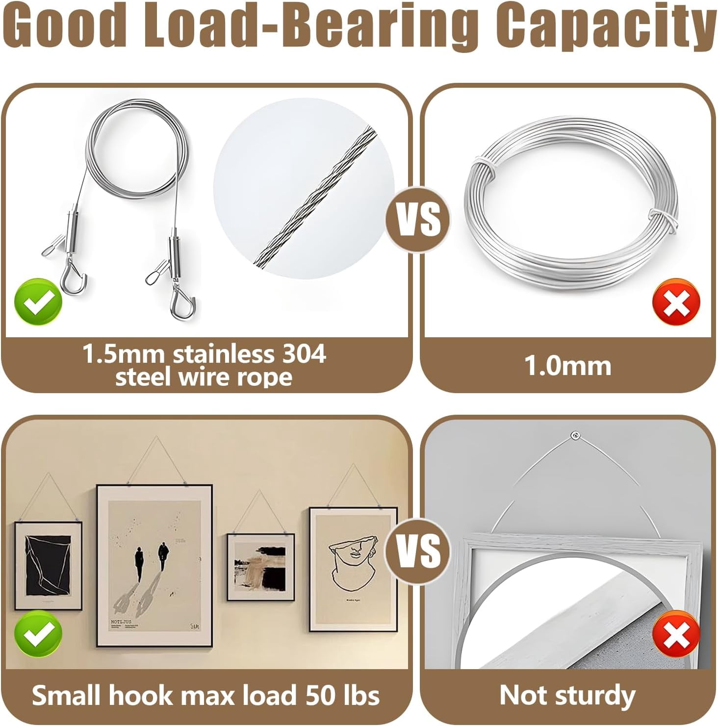 4PCS Picture Hanging Wire Kit, 6.56ft Adjustable Picture Hanging Wire, 3-Hole D Rings Picture Hangers with Screws, 50lbs Heavy Duty for Mirrors, Frames, Canvas Paintings