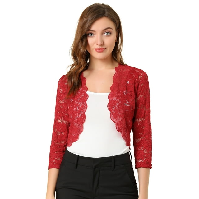 Cárdigan Toreras Top De Encaje Floral Transparente 3/4 Allegra K Color rojo oscuro XS