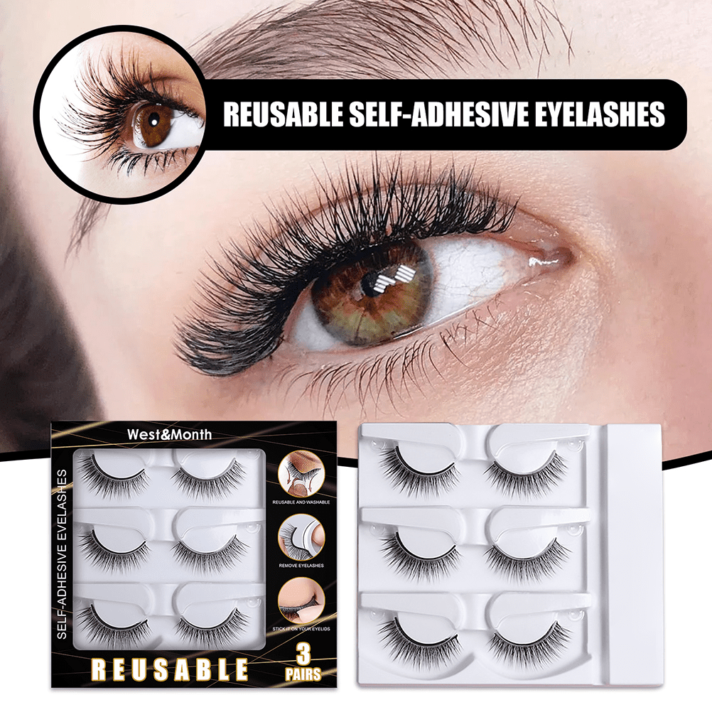 3 Pair Self Adhesive Eyelashes No Eyeliner or Glue Needed Reusable Natural False Eyelashes Gift for Women Natural Look