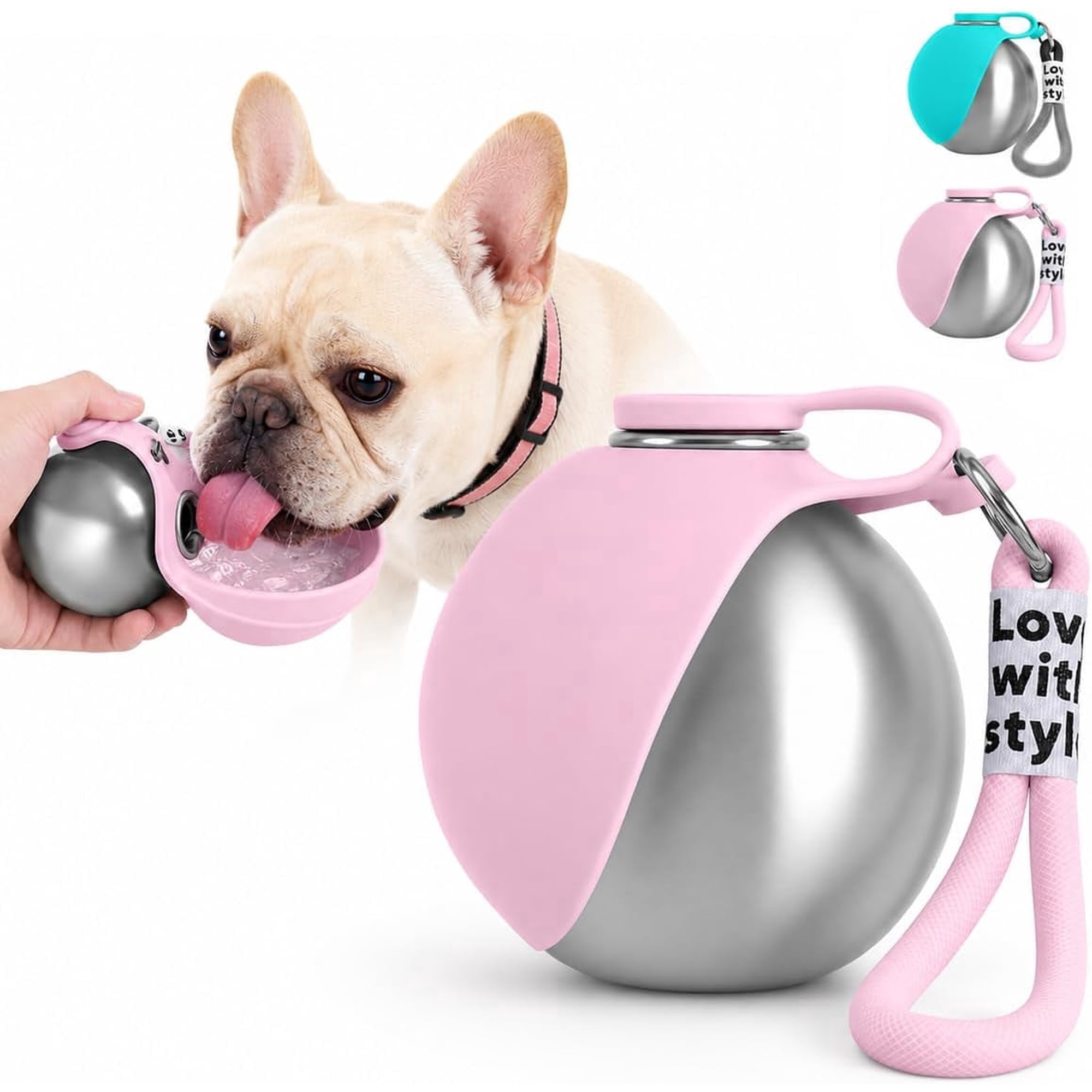 Pawsipus Dog Water Bottle, 10 oz Portable Pawsip Stainless Steel Travel Bottle with Foldable Silicone Bowl, Leak-Proof