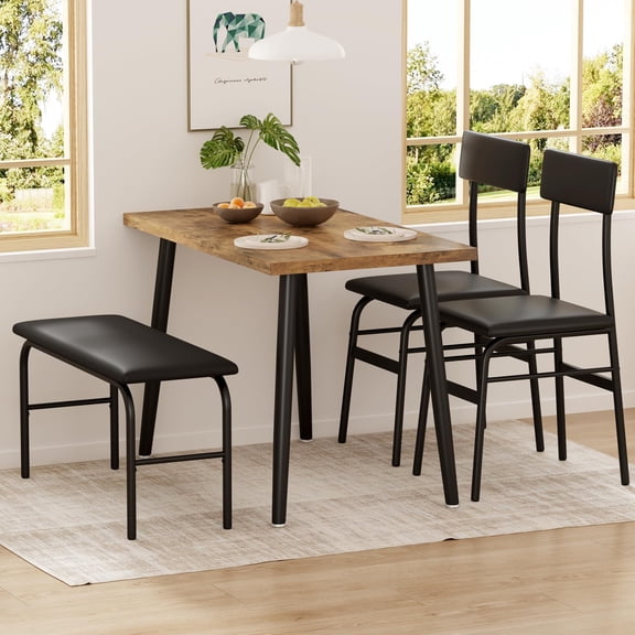 4-Piece Dining Table Set for 4, Kitchen Table with Upholstered Bench & 2 Chairs, Space-Saving Furniture for Small Spaces & Apartments