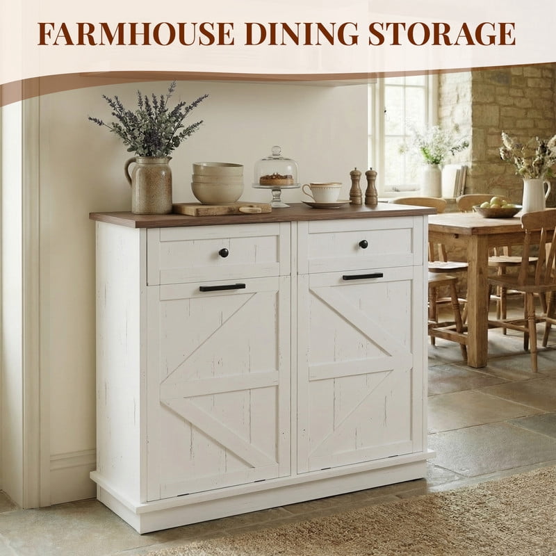 39''W Tilt Out Trash Can Storage Cabinet with 2 Drawers, Farmhouse Kitchen Island with Double 10-Gallon Trash Hidden Cabinet