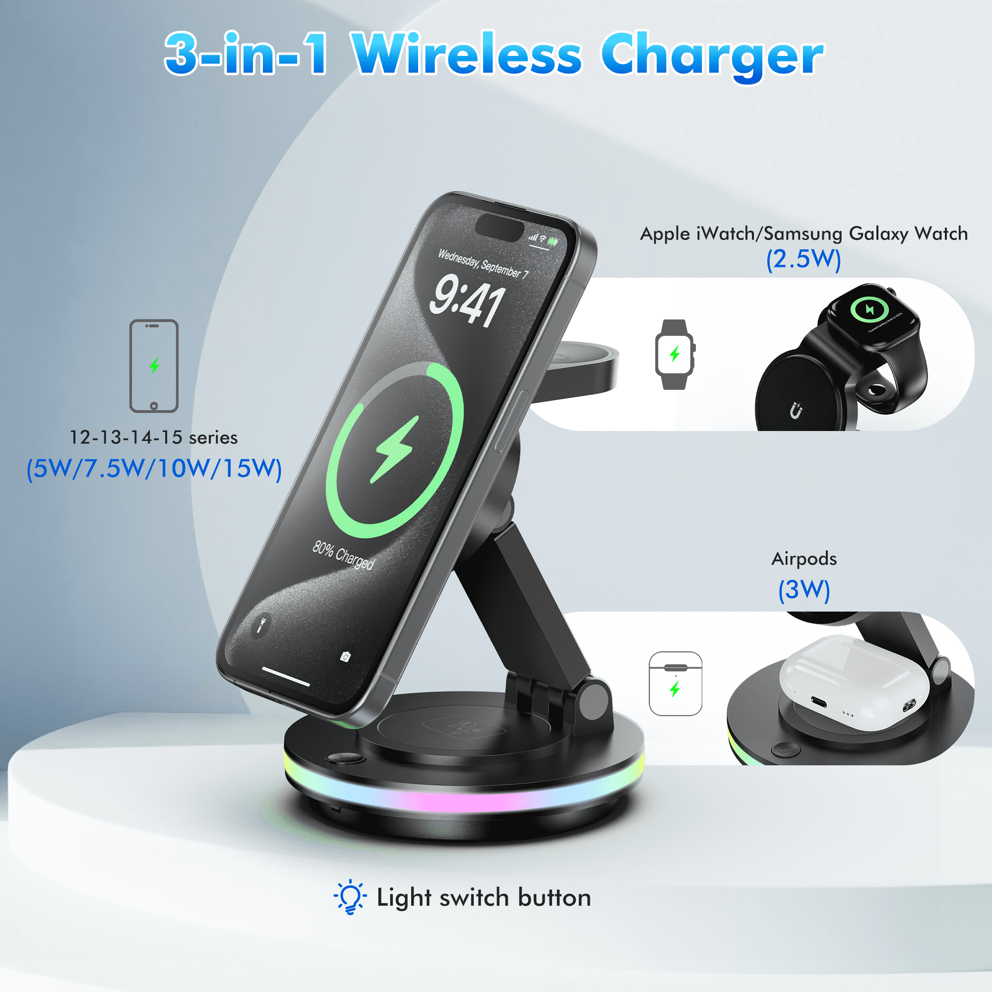 OWNTECH 20W 3-in-1 Wireless Charging Station Compatible with iPhone 16/15/14/Pro/Max, Apple Watch, AirPods Pro/4/3/2 - Fast Charger Pad with Night Light & Adapter Included (Black)