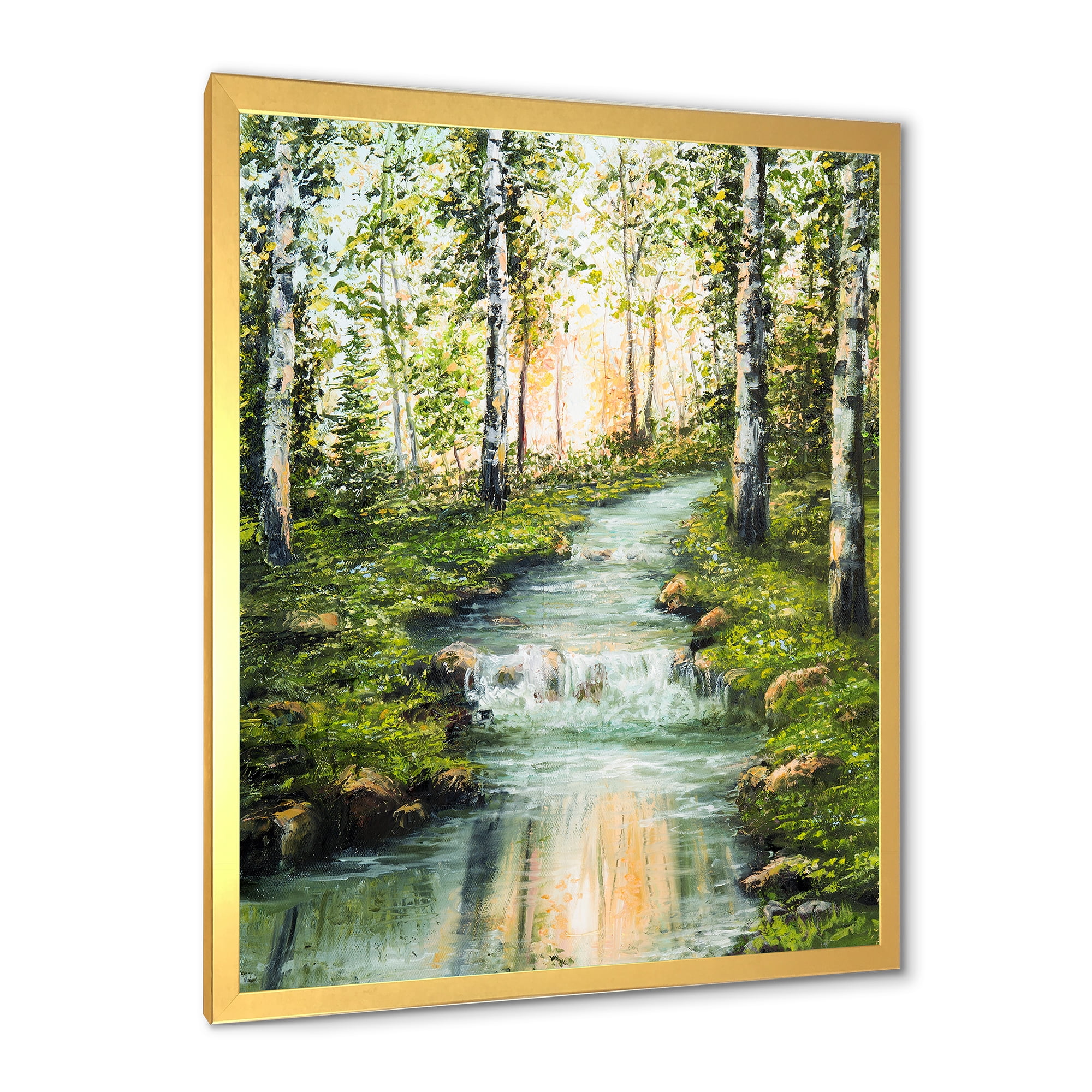 Designart 'River Through Green Birch Forest' Lake House Framed Art Print