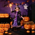 thumbnail image 5 of REDARER Girls Halloween Witch Cosplay Dress Web Print Ruffled Layered Gown with Witch Hat for Halloween Play Fancy Dress Party Role Play Outfit,7-9 Years, 5 of 6
