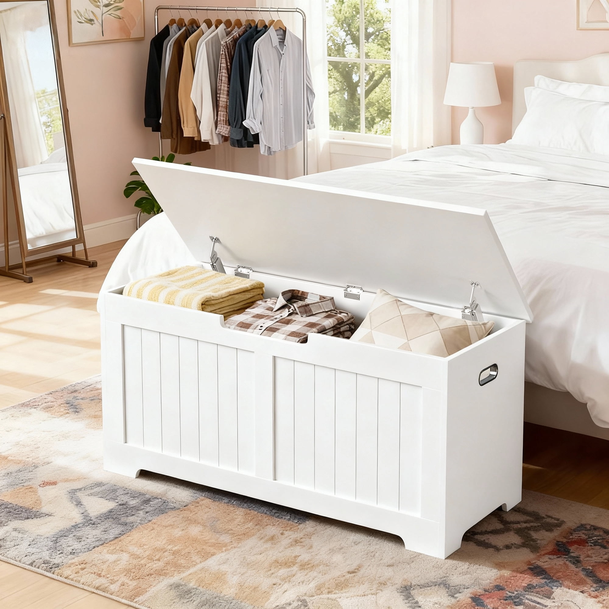 SuperDeal Wooden Storage Chest Box W/Safety Hinge, 39.4 in Large Storage Organizer Shoe Bench for Home Entryway, Bedroom, White