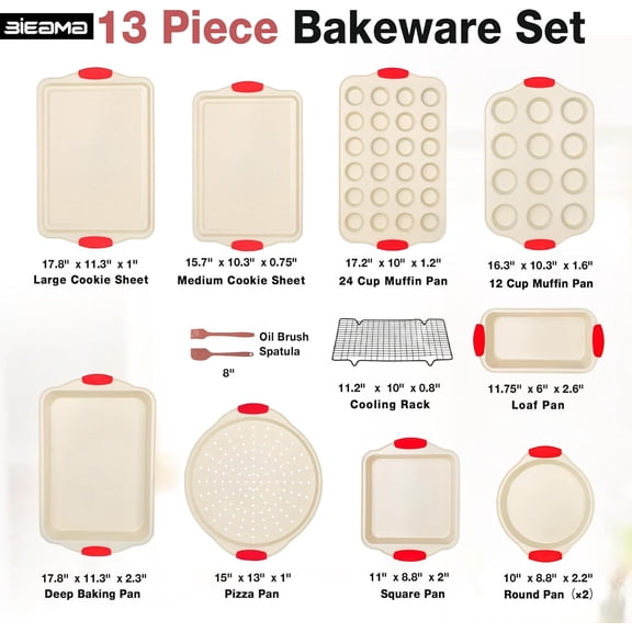 13-Piece Baking Pans Set - Nonstick Bakeware, BPA-Free Carbon Steel, Cream