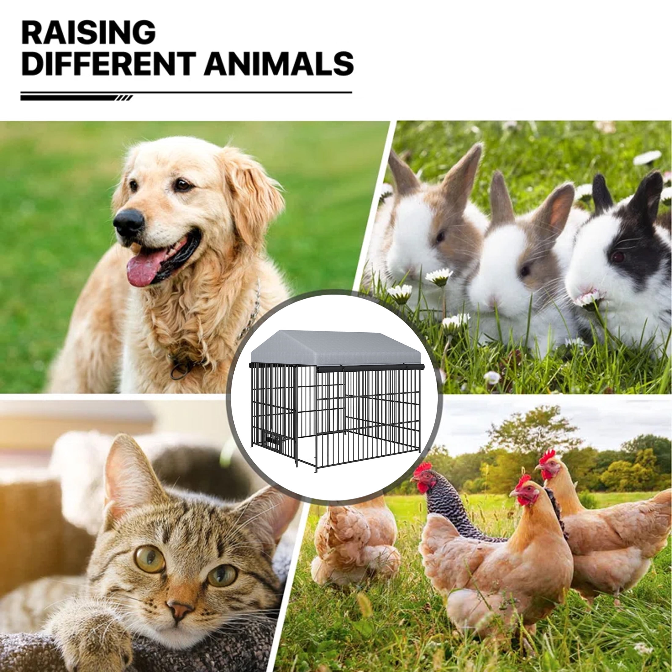 Aukfa 6.6'L x 6.6'W Metal Large Dog Kennel, Outdoor Pet Pens Animal Run Coop Fence with Roof Cover