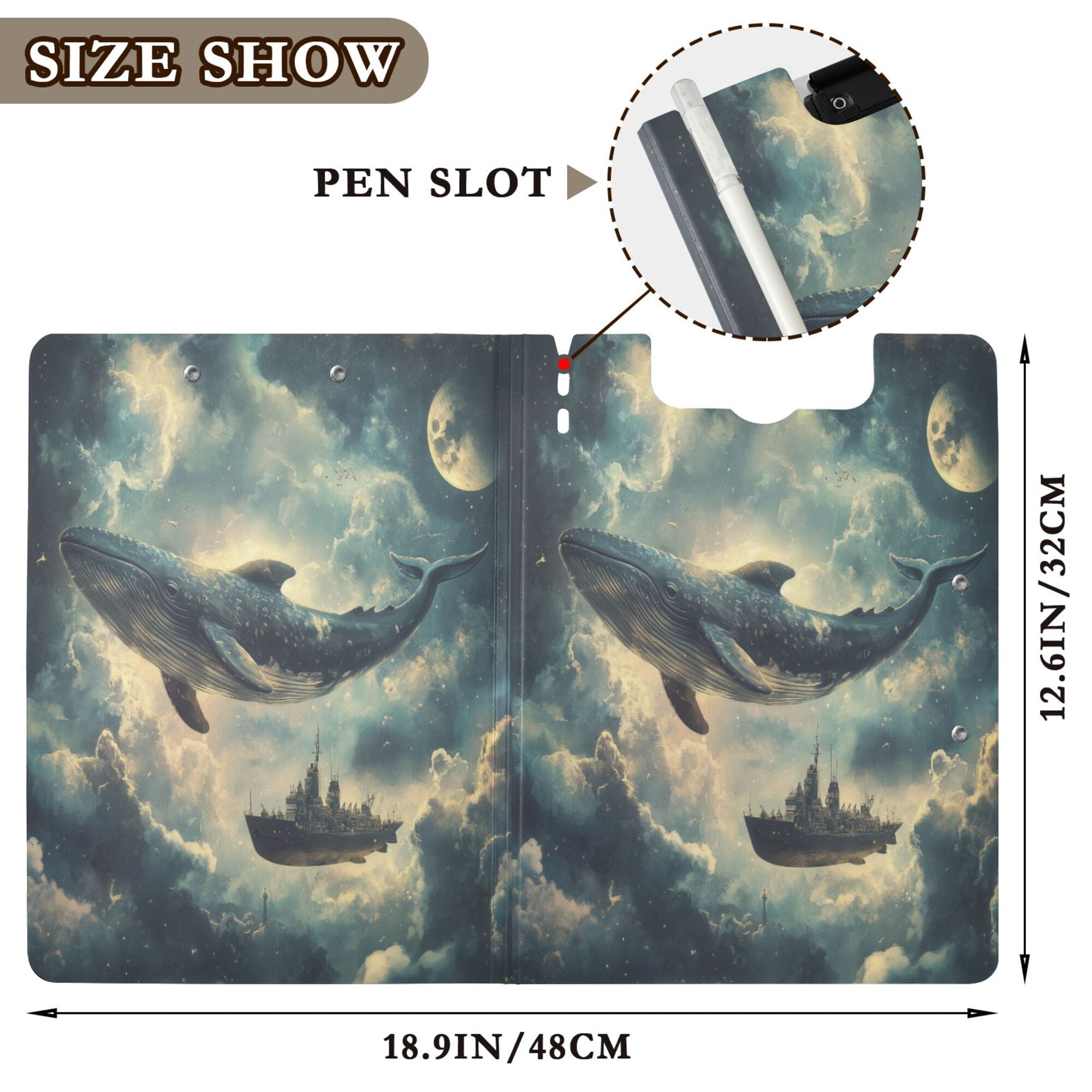 FORMRS A4 Clipboard Folder with Pen Holder Horizontal Foldable School Office Binder, Beige Floating Whale