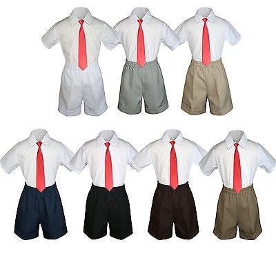 

3pc Set BoyToddler Formal Party Red Necktie White Black Navy Khaki Shorts S-4T