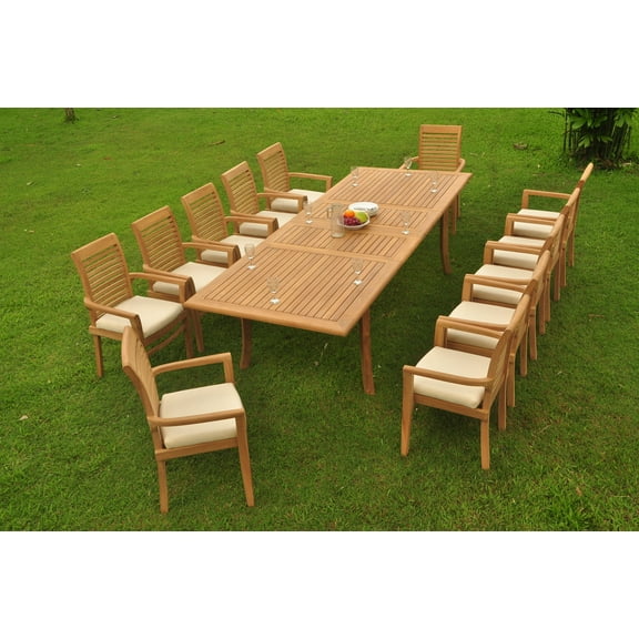 Grade-A Teak Dining Set: 12 Seater 13 Pc: 118" Double Extension Rectangle Table And 12 Mas Stacking Arm Chairs Outdoor Patio WholesaleTeak #WMDSMS34
