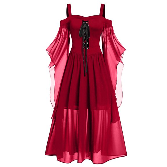 LYXSSBYX Womens Plus Size Dresses Clearance Solid Cold Shoulder Butterfly Sleeve Lace Up Halloween Dress