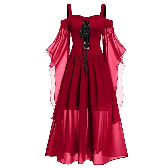 Aboser Robe Renaissance pour Femmes 2024 Robe Gothique à Épaules Dénudées Vintage à Manches Trompette Costume Médiéval Robe Maxi en Dentelle