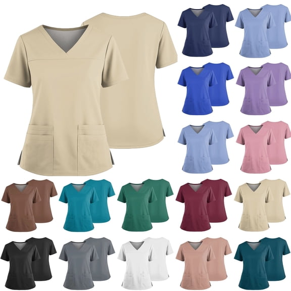 2 Pocket Scrub Tops for Women V Neck Short Sleeve Stretch Work Top with Side Slits Crafted from 4 Way Stretch Soft Durable Easy Care Fabric, #02 Beige, XL