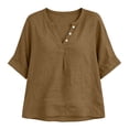 thumbnail image 3 of CaComMARK PI Linen Shirts for Women V Neck 3/4 Sleeve Loose Fit Cotton Tops Button Down Casual Dressy Clothes for Summer Coffee, 3 of 7
