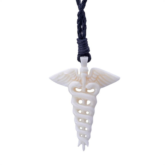 81stgeneration Women's Men's Hand Carved Bone Caduceus Snake Sword Angel Wings Charm Pendant Necklace