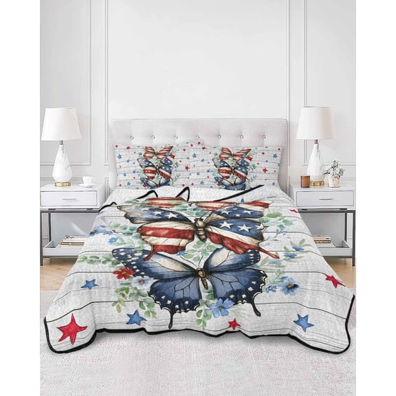Quilts Twin Size, Navy Blue Butterfly 4th of July Soft Comforter Bedding Set for Bed, Independence Day Stars Wooden Lightweight Quilted Bedspread with Pillow Cover(2 Pieces), 68x86 Inch