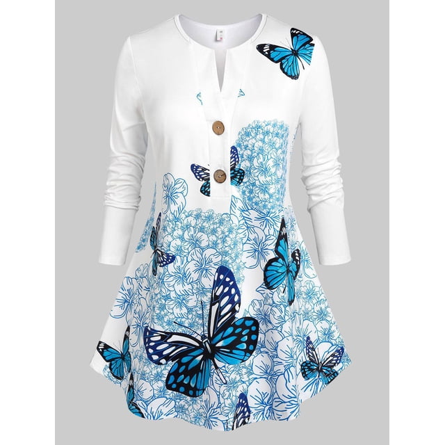 Camiseta de impresión de mariposa de flor Rosegal Mangas largas de talla grande