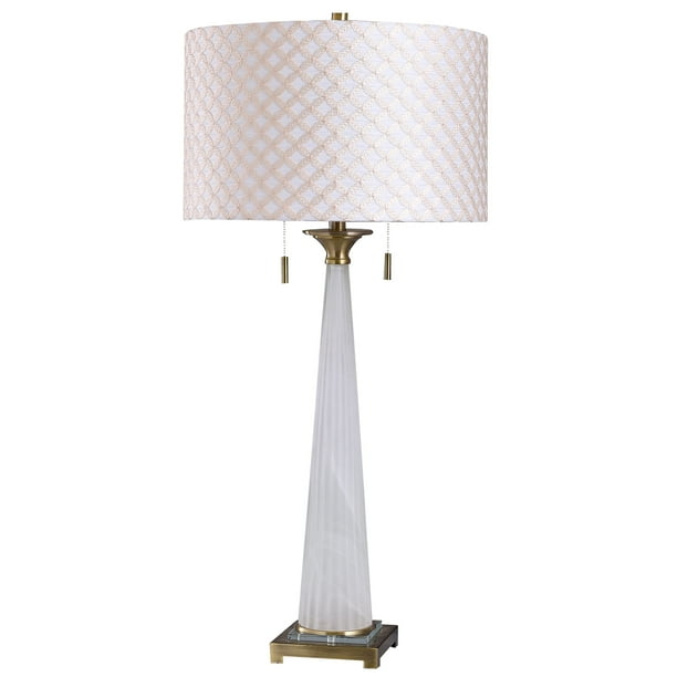 Sona Brushed Gold Ribbed Glass Tower Table Lamp With White And Tan Lattice Textured Drum Shade Com Sona Brushed Gold Ribbed Glass Tower, Tower Floor Lamp Glass