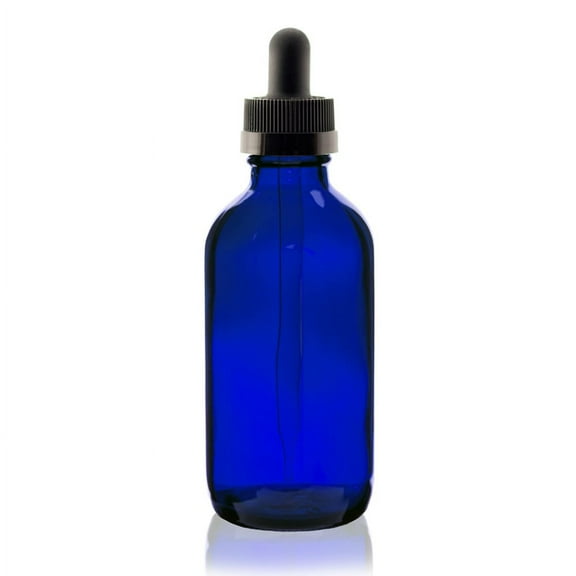 4 oz Cobalt Blue Boston Round Glass Bottle w/ Black Child Resistant Dropper - pack of 8